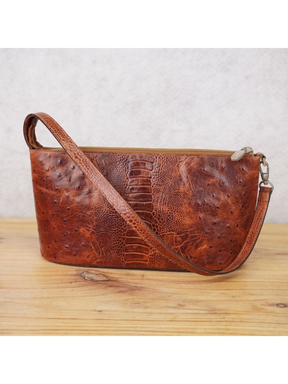 Prune Womens Brown Ostrich Leather HandBag Stylish Shoulder Bag Zippered Pouch
